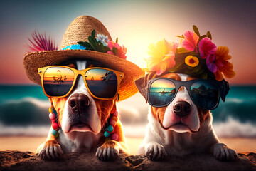 Two funny dogs wearing flower hats and sunglasses relaxing at the beach, generative AI