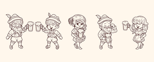 Set of people celebrating oktoberfest hand-drawn outline sketch illustration