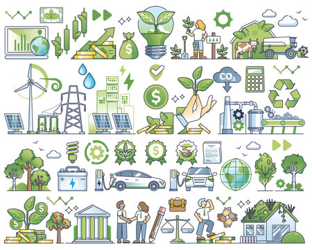 Sustainable investment elements and green ESG ecology outline collection. Social responsible business strategy, recyclable resources and renewable power consumption items group vector illustration.
