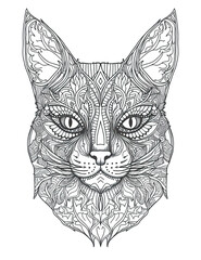 Cat head, black white illustration, outline for coloring book page, generative AI coloring card