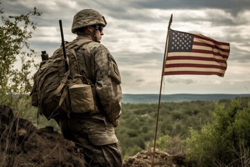 An American soldier with an American flag in his hand looks out into the clear weather for Day of Remembrance or July 4, Day of Remembrance. generative ai