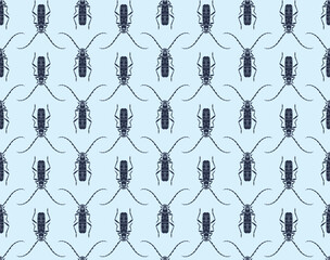 Seamless pattern with Alpine barbel beetles isolated on a blue background. For print, wallpaper, wrapping paper, fabric. Vector illustration.