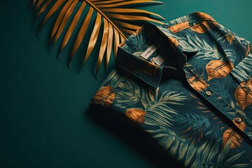 A top view of a summer outfit on a background with the possibility of copying, a beach outfit, an illustration of a tropical shirt on a background of fern branches. generative ai