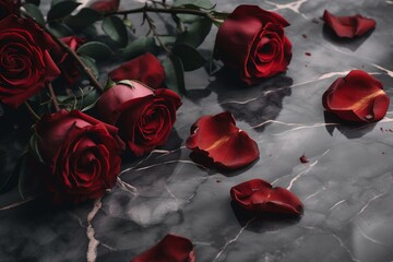Marble background adorned with withered red roses. Generative AI