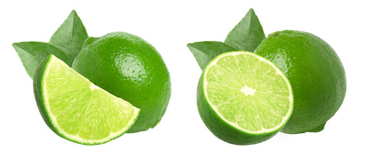 Natural fresh lime with leaves and half-isolated, transparent png, PNG format, cut-out