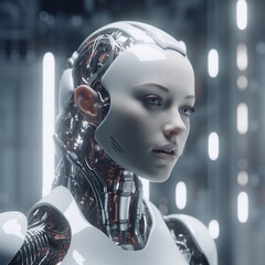 Futuristic Humanoid Robot with White Exoskeleton - Illustration of Artificial Intelligence, Cyborg, Robotics, Innovation, Future Technology - obrazy, fototapety, plakaty