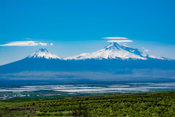 Mountain covered with snow. Beautiful Mount Ararat, view from Armenia