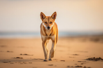 An australian dingo (Canis lupus dingo) walking on the sand at a beach in Australia, generative AI