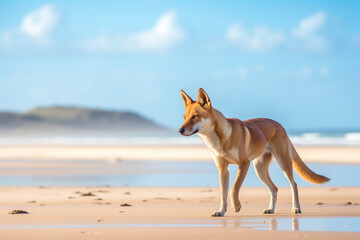 Fototapeta na wymiar An australian dingo (Canis lupus dingo) walking on the sand at a beach in Australia, generative AI