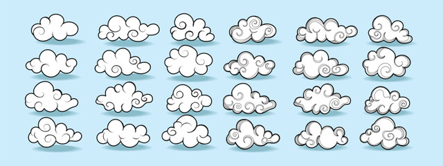 Set of cartoon different cloud icon in a flat design vector illustration. Isolated on blue background.