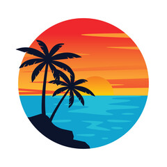 Summer vacation on tropical beach Sunset label, with Palm trees,vector illustration