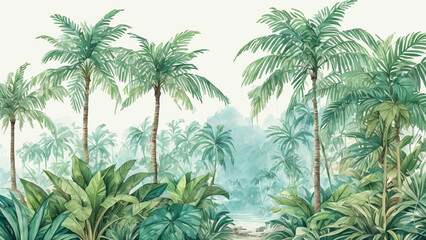 Palm trees in a jungle forest. decorative watercolor painting, landscape. Generative Ai