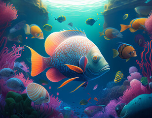 Underwater scene with fish and corals. created with Generative AI