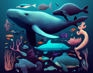 Obraz na płótnie Canvas Underwater life with whales, fish and corals. created with Generative AI