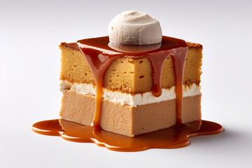 Pionono - Sponge cake filled with dulce de leche, piece of cake with caramel sauce drizzled over it. AI generative. Generative AI
