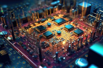 Obraz premium The circuit board glowed with a myriad of colors, each diode and resistor working in harmony to power the device. Fantasy future concept. Generative AI