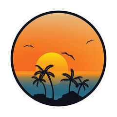 Tropical sun beach logo design, sunset with island logo design, palm tree vector illustration