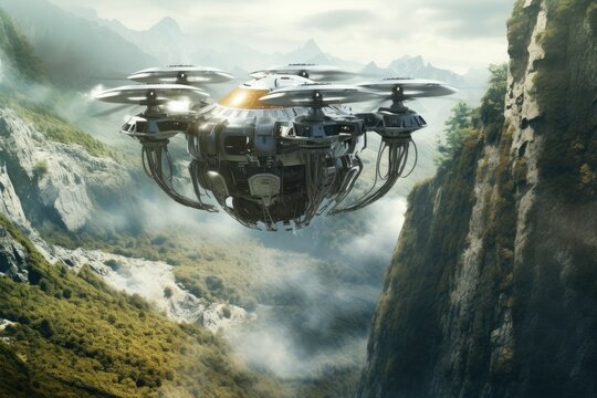 The drone hovered in mid-air, its rotors whirring as it scanned the terrain below. Fantasy future concept. Generative AI