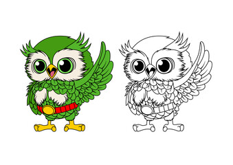 Owl cartoon character in full color and black white line art
