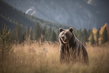 A brown bear standing in a field of tall grass, Generative AI