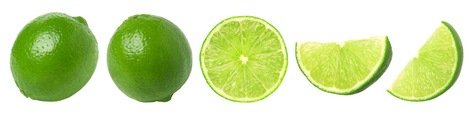 Natural fresh lime, slice, and half isolated, transparent png, PNG format, cut-out