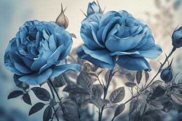 Illustration of blue roses on a beige background. Generative AI