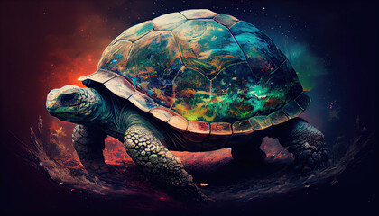 Fototapeta na wymiar Giant space turtle carrying earth on its back is wandering in space. Generative AI
