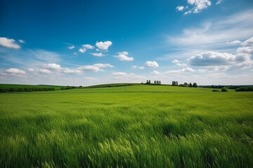 Fototapeta na wymiar Endless green field with blue sky, Generative AI
