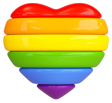 Isolated rainbow striped heart on a transparent background for LGBTQIA+ Pride month celebration. Cut out object in 3D illustration
