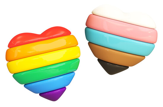 Isolated striped hearts on a transparent background for LGBTQIA+ Pride month celebration. LGBT heart + Trans/Racial heart. Cut out object in 3D illustration