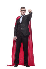 in full growth. young businessman in a superhero Cape.