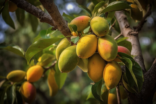 A picture of mangoes hanging from a branch, Generative AI
