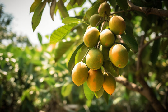 A photo of a tree with some ripe mangoes on it, Generative AI