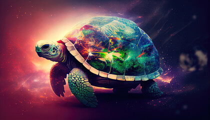 Fototapeta na wymiar Giant space turtle carrying earth on its back is wandering in space. Generative AI