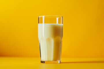 A glass of milk sitting on top of a table in front of a yelow background, Generative AI