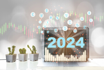 New year 2024 financial technology is changing business. Artificial intelligence and digital transformation concept and growth graph with return on investment idea