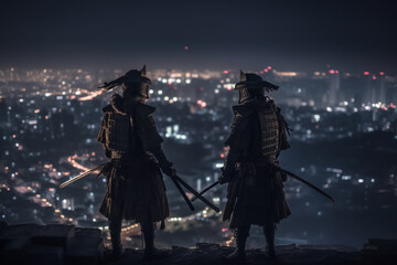 Two samurai standing in front of a city at night, Generative AI