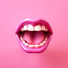 disembodied open mouth, hot pink lips and teeth ceramic model isolated on pink background, made with generative ai