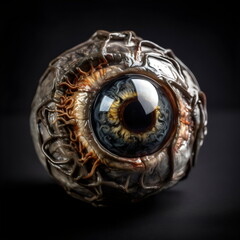scary blue eyeball disembodied horror style isolated on dark background, made with generative ai	