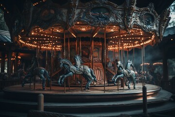 A creepy carousel with specters in an empty, forgotten amusement park. Generative AI