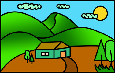 Line illustration. view of mountains and houses