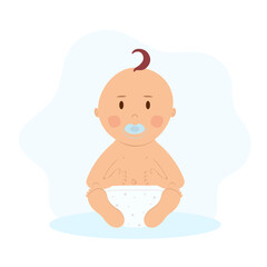 Baby boy with pacifier in mouth sitting alone on isolated background