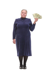 Portrait of smiling old woman holding money in hand