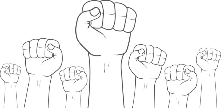 Isolated black outline illustration of hands clasped, punching up representing demonstration, rebel, strike, election voice vote, power, fitness, sport, team, group, martial art
