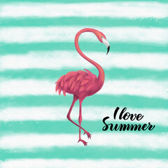 Flamingo I Love Summer. Raster Illustration of Summer Tropical Hand Drawn Design.