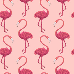 Obraz premium Flamingos Pink Seamless Pattern. Raster Illustration of Summer Tropical Background.