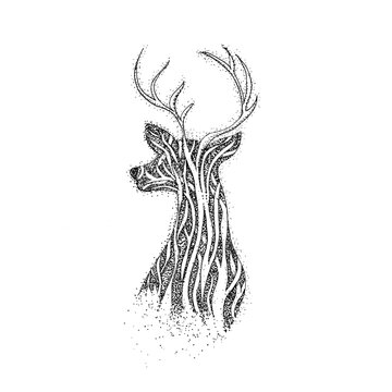 Tree Reindeer Dotwork. Raster Illustration of Boho Style T-shirt Design. Tattoo Hand Drawn Sketch. Deer with Antlers.