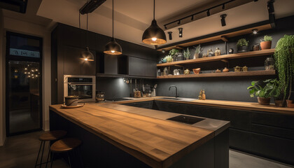 Luxury kitchen island with stainless steel appliances generated by AI