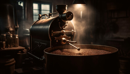 Freshly ground beans, steam, and metal machinery generated by AI