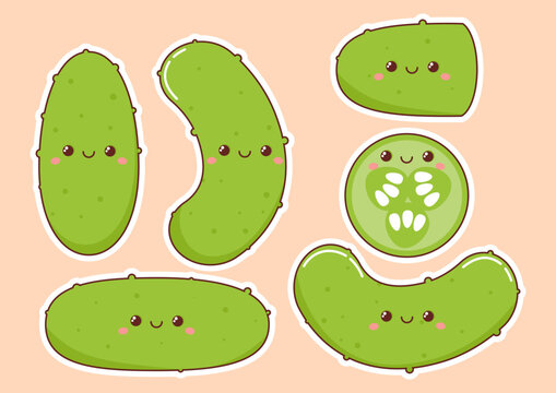 Set of different green kawaii cucumbers